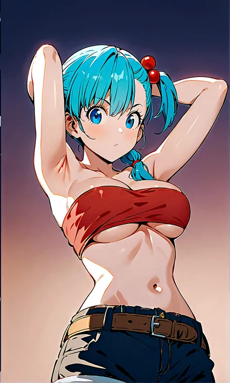  score_9, score_8_up, score_7_up, BREAK from front, ,macro shot,1girl,bulma, blue eyes, blue hair,bare shoulders, belt, cleavage, hair bobbles, hair ornament, hair over shoulder, ,large breasts,midriff, navel, one side up, red tube top, shorts, side ponyta...