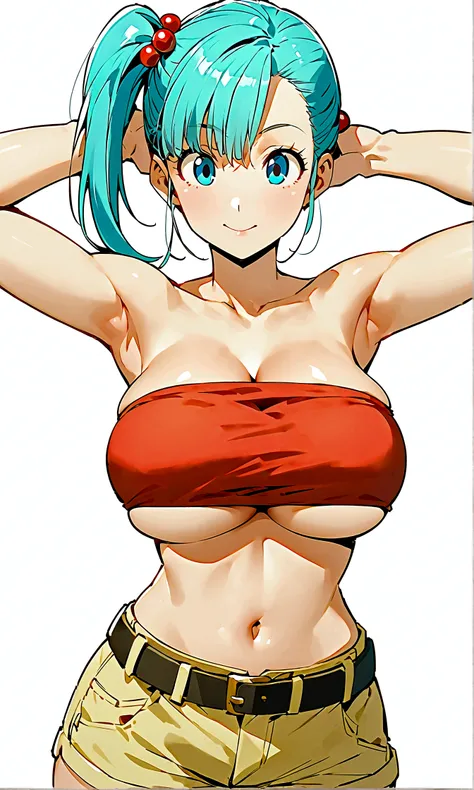  score_9, score_8_up, score_7_up, BREAK from front, ,macro shot,1girl,bulma, blue eyes, blue hair,bare shoulders, belt, cleavage, hair bobbles, hair ornament, hair over shoulder, ,large breasts,midriff, navel, one side up, red tube top, shorts, side ponyta...