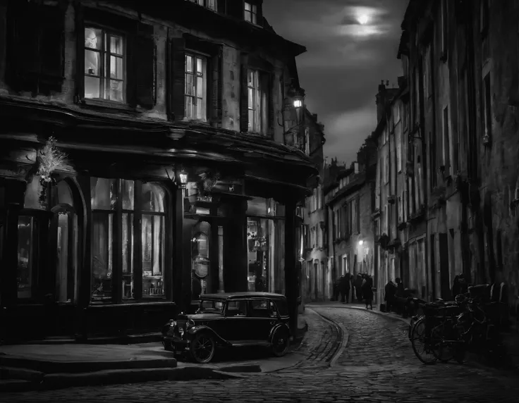 Black and White photography, In a moonlit French village, ancient stone buildings cast haunting silhouettes under a star-filled sky. A vintage bicycle rests on the corner of the cobblestone streets, bathed in the eerie glow of gas lamps. The nostalgic scen...