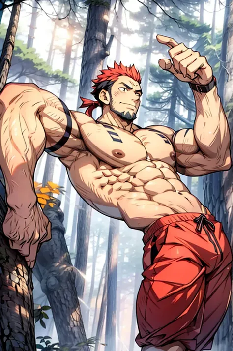 (canto da foto de baixo para cima) (imagem da mais alta qualidade) Lion man ,real, jovem, , vestindo shorts, virilha saliente, imagem de anime, Leaning against a tree, pernas bem abertas, male face, bonito rosto jovem, cabelo subcortado, huge muscle muscle...