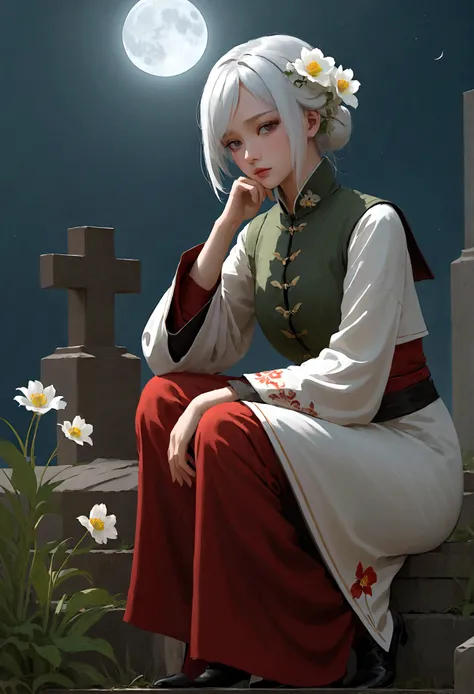 wasteland，非常可憐的女僕sit在石頭上思考，Disgusted look，Hand on cheek，(sit:1.2)，wearing tattered clothing，Goethe，moss，A small white flower，cemetery，Blood red moon，Goethe元素，cold，gloomy