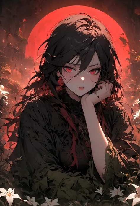 wasteland，非常可憐的女僕sit在石頭上思考，Disgusted look，Hand on cheek，(sit:1.2)，wearing tattered clothing，Goethe，moss，A small white flower，cemetery，Blood red moon，Goethe元素，cold，gloomy