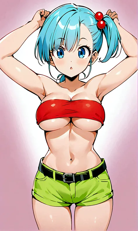  score_9, score_8_up, score_7_up, BREAK from front, ,macro shot,1girl,bulma, blue eyes, blue hair,bare shoulders, belt, cleavage, hair bobbles, hair ornament, hair over shoulder, ,large breasts,midriff, navel, one side up, red tube top, shorts, side ponyta...