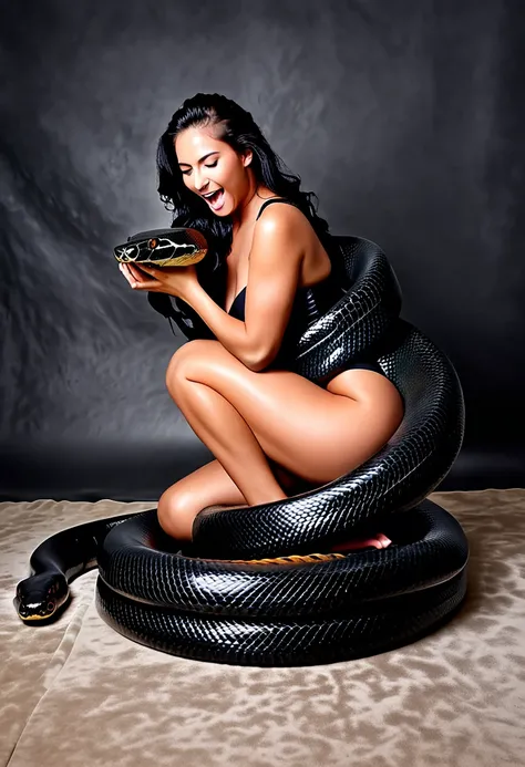  Happy Horny, aroused 1girl), beautiful kneeling girl with  giant black snake titanboa squeezing her hard, wrapped in thick spiraling coils, constricted, struggle, gasping for air, snake attack, snake peril, moonless night, dim light