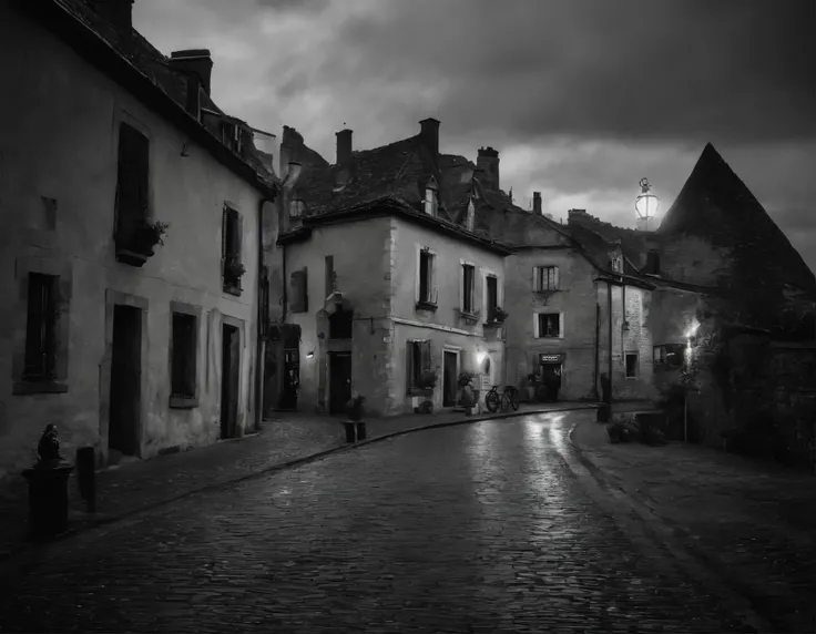 Black and White photography, In a moonlit French village, ancient stone buildings cast haunting silhouettes under a star-filled sky. A vintage bicycle rests on the corner of the cobblestone streets, bathed in the eerie glow of gas lamps. The nostalgic scen...