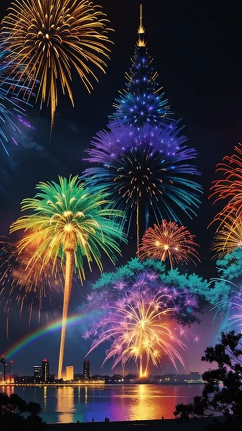 big city、firework、firework大会、rainbow-coloredのfireworkが打ちあがっている瞬間、夜nullとともに、cyberpunk cityscape、cyberpunk cityscapeで壮大なfirework、近...