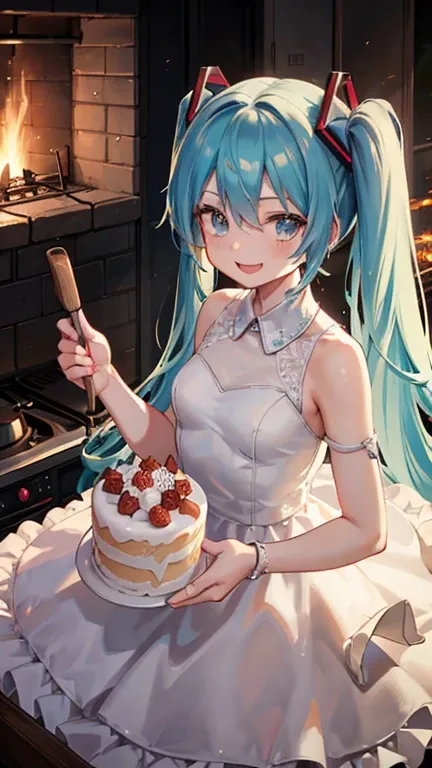 incident,fire insident,explotion, burning kitchen,catastrophy,hatsune miku, wedding cake ,very pleased smile,fire