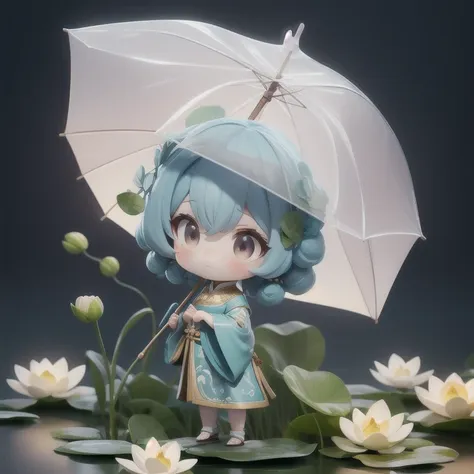 chibi, A woman holds a oil-paper umbrella on her shoulder to shelter from the rain as part of a fashion event in the style of Yue Xiaofei,light jade,ethereal dream,Tang Youhong,elegant,detailed design,dansaekhwa Joil-paper umbrellachinese clothesholding...