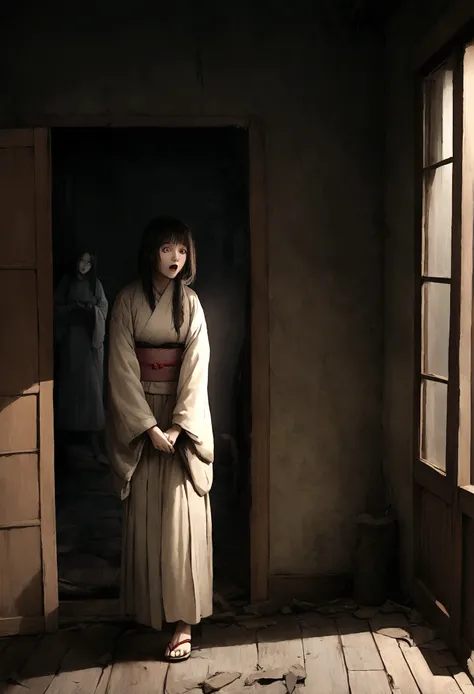 A detailed and realistic horror movie photograph prompt for Midjourney:

---

A realistic scene of a 30-year-old Japanese woman in a traditional kimono. She is standing from head to toe, adopting a menacing, ghost-like posture reminiscent of the Japanese h...