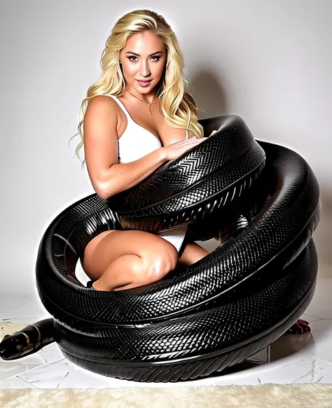  Happy Horny, aroused 1girl), beautiful kneeling blonde thick young teen girl  with  giant colossal black titanboa squeezing her hard, wrapped in thick spiraling coils, constricted, struggle, gasping for air, snake attack, snake peril, moonless night, dim ...