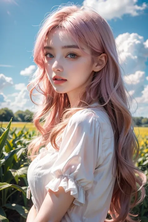 Light pink hair, Pink Eyes, Pink and white, Clouds in the blue sky, Vibrant colors, steampunk, blouse white、Paint Splash, Corn field,  Wavy long hair、