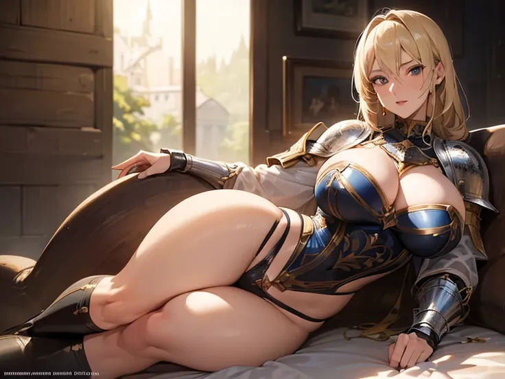 ((female knight)), blonde, ((mature woman)), (26 years old), (huge breasts), nice hips, voluptuous, detailed skin, ((SHARP detail perfect face)), (skimpy clothes), ((thong)), ((seducing viewer)), ((masterpiece)), best quality, (SHARP details), 4k, 