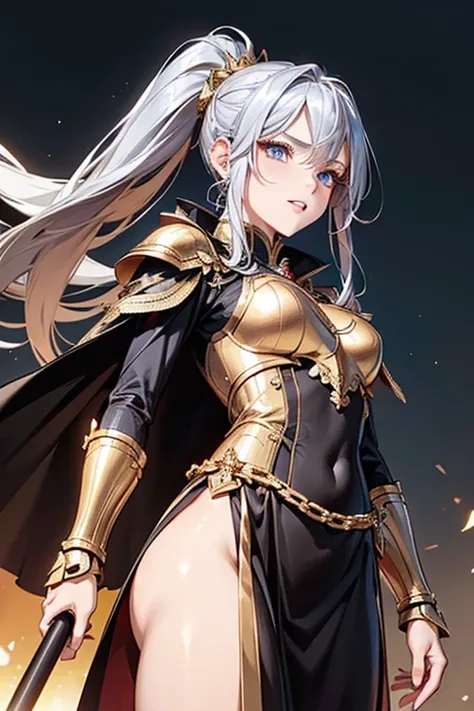 #Basics A girl is posing for a photo, animeのかわいい女の子, (((One Girl, Baby Face, 16 years old))), 
BREAK 

#Clothing Accessories 
((Gold on black)With a flame motif(Long skirt dress)Armor of:1.4 : (Gold on black)Gauntlet of:1.4 + (Gold on black)Breastplate:1.4...