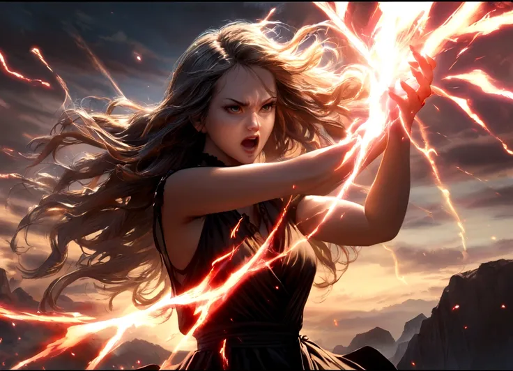 a woman with flowing sheer silk clothes, yelling as she summons a dragon ball, blasted moonscape, highly detailed, 8k, photorealistic, cinematic lighting, dramatic, powerful, energetic, athletic, young female, detailed face and eyes, flowing hair, dramatic...