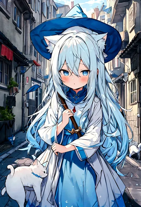 anime,light blue loose long hair shota wearing light blue witch dress,hyper cute shota,play with cats,in street,