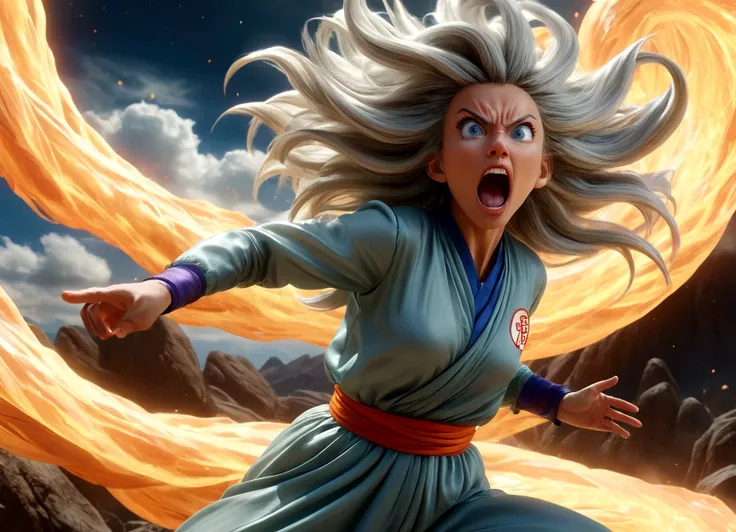 a woman with flowing sheer silk clothes, yelling as she summons a dragon ball, blasted moonscape, highly detailed, 8k, photorealistic, cinematic lighting, dramatic, powerful, energetic, athletic, young female, detailed face and eyes, flowing hair, dramatic...