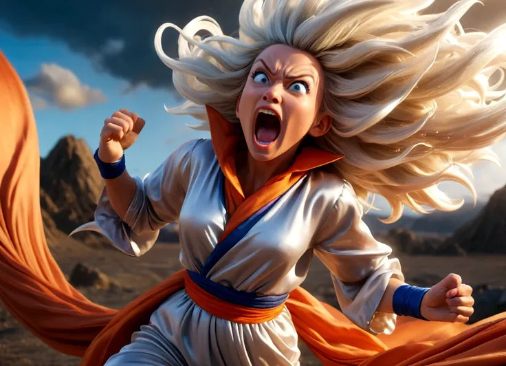 a woman with flowing sheer silk clothes, yelling as she summons a dragon ball, blasted moonscape, highly detailed, 8k, photorealistic, cinematic lighting, dramatic, powerful, energetic, athletic, young female, detailed face and eyes, flowing hair, dramatic...