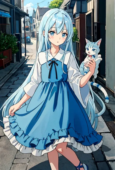 anime,light blue loose long hair shota wearing light blue witch dress,hyper cute shota,play with cats,in street,