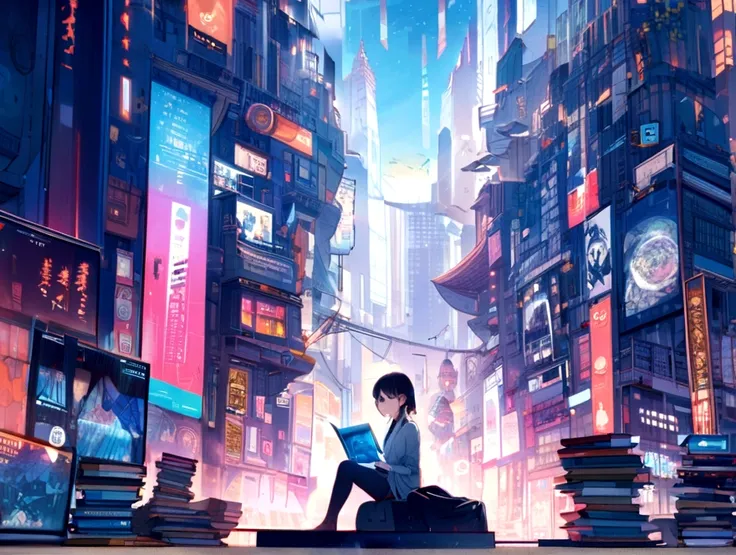 "A futuristic cityscape brimming with advanced technology surrounds a person sitting and reading a book. Towering skyscrapers with holographic advertisements, flying cars, and robotic assistants create a dynamic and bustling atmosphere. Despite the high-te...