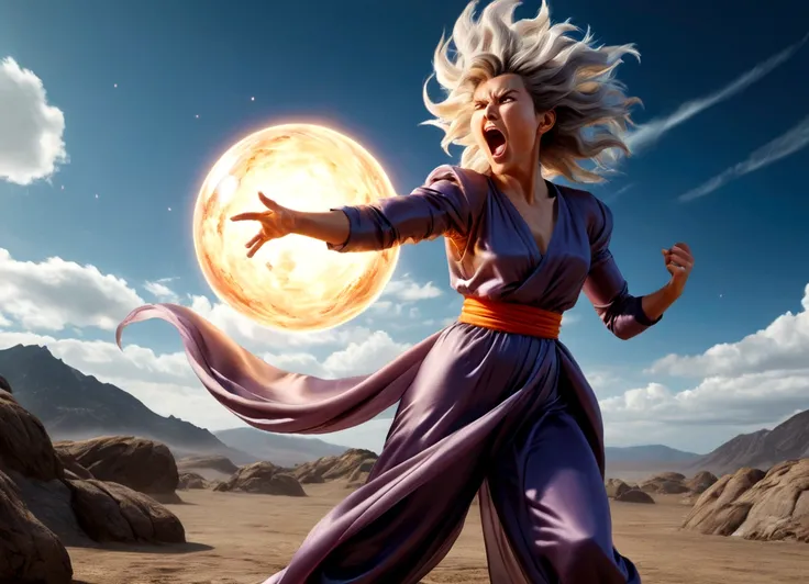 a woman with flowing sheer silk clothes, yelling as she summons a dragon ball, blasted moonscape, highly detailed, 8k, photorealistic, cinematic lighting, dramatic, powerful, energetic, athletic, young female, detailed face and eyes, flowing hair, dramatic...