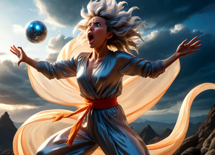 a woman with flowing sheer silk clothes, yelling as she summons a dragon ball, blasted moonscape, highly detailed, 8k, photorealistic, cinematic lighting, dramatic, powerful, energetic, athletic, young female, detailed face and eyes, flowing hair, dramatic...