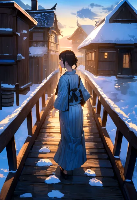 Snow Scene、A large hot spring inn in the background(Like Spirited Away)、Bridge in front、A girl in a yukata is standing on the bridge