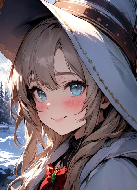 (masterpiece, best quality), highly detailed, highres, hdr, extremely detailed illustration, detailed face and eyes, irenebelserion, 1girl, solo, looking at viewer, smile, hat, closed mouth, witch hat, portrait, (winter, outdoors), portrait, blush, close-u...