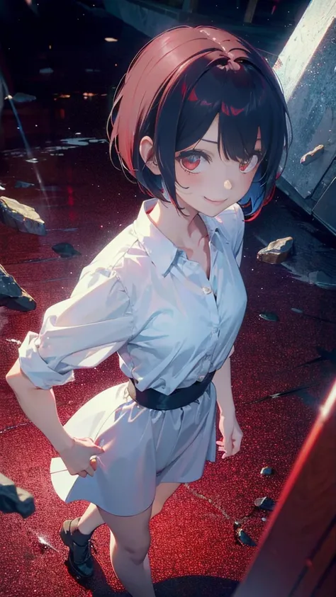 girl with short bob hair,Red eyes ,A shining heaven,Walking in heaven,smile