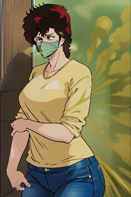 HD, high quality, high resolution, ultrahd,Kaori Makimura, 1female, wearing casual outfit, light green shirt, jeans, default hair, brown hair, very tall body, thin body, massive fart, yellow smoke, wide eyes, leaning, embarrassed, covering nose, covering m...