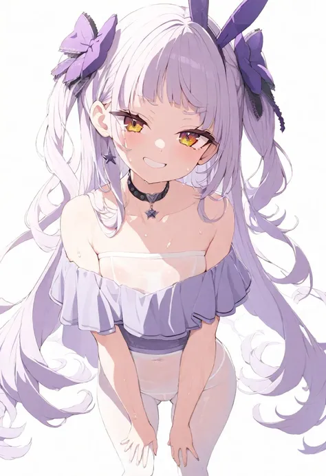 (masterpiece), (best quality), perfect face, beautiful girl, white background background, delicate and beautiful face and eyes, dark intense shadow, 
1 girl, vtuber style, cool girl, hololive, Murasaki Shion, purple bunny girl unifrom, white pantyhose, wet...