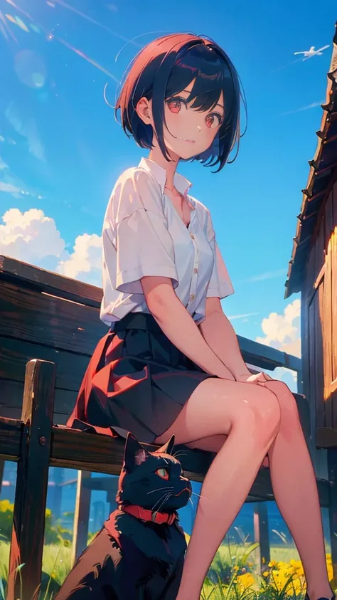 girl with short bob hair,Red eyes ,A shining heaven,in heaven,Sitting,Petting a black cat,Beautiful blue sky