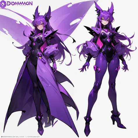 a close up of a cartoon character with a purple outfit, glamorous angewoman digimon, weirdcore voidpunk fursona, official character art, full body concept, villain pose, demon noble character design, female fursona, humanoid form, full body adoptable, char...