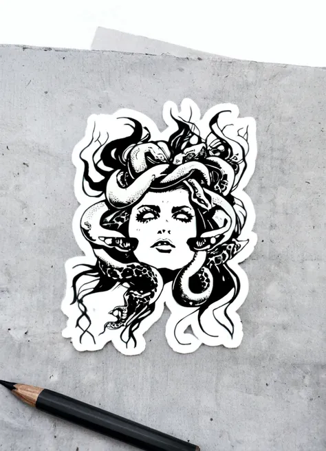 a black and white drawing of a woman with a snake on her head, fierce medusa, medusa head, medusa, very sad medusa, snake-face lady, medusa gorgon head, her many snakes as hair, portrait of medusa, octopus goddess, sticker illustration, portrait of teenage...