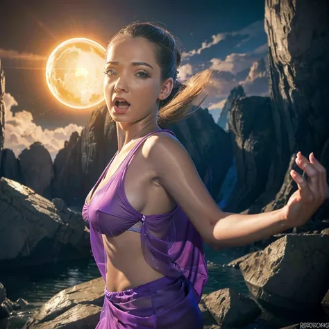 a woman with flowing sheer silk clothes, yelling as she summons a dragon ball, blasted moonscape, highly detailed, 8k, photorealistic, cinematic lighting, dramatic, powerful, energetic, athletic, young female, detailed face and eyes, flowing hair, dramatic...