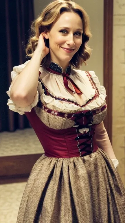 Vera Farmiga dressed in traditional German clothing and a sexy smile.