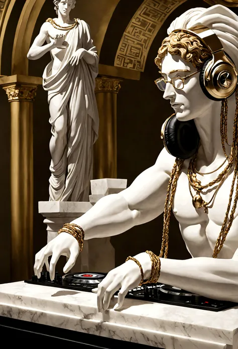 Create an ancient Greek-style sculpture depicting a modern DJ. The figure must be in a dynamic and sensual pose, with one hand adjusting the headphones and the other on the soundboard. A escultura deve incluir,Fones de Ouvido: Grandes e modernos, carved in...