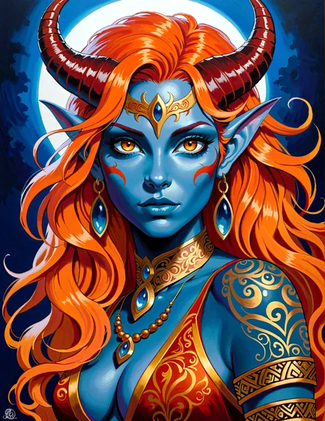 (((masterpiece))), (((best quality: 1.4))), ((Super Detail: 1.4)) , An extremely detailed gouache painting of a female tiefling, Gorgeous exotic style, Amber neon eyes:1.5,  Orange Hair, Extremely detailed facial features, Expressive face, Detailed texture...