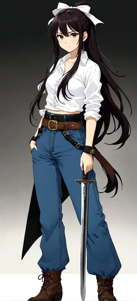 1girl，Long hair，sword，boots,白色shirt，Long Ponytail，belt，whole body，Headband，jeans，Long hair，Kanzaki Kaori,shirt，Single pants leg,Disgusted look, solo，