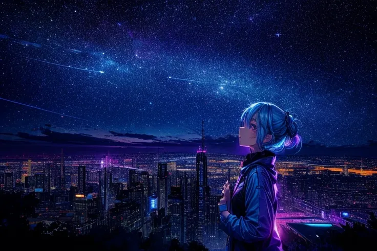 Cute girl characters,light-blue hair,purple  eyes,Night view from a high place、Drawing a large number of skyscrapers, Looking up at the starry sky. Surround her with colorful nebulae and colorful metropolis.