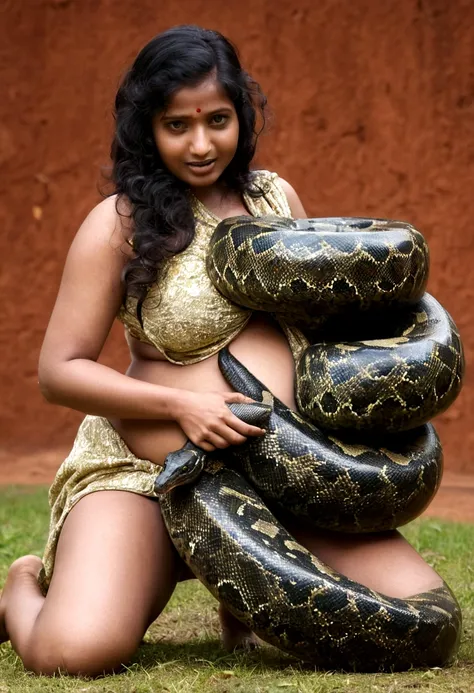  Pregnant Happy Horny, aroused 1girl), beautiful kneeling indian thick young teen girl  with  giant colossal black anaconda squeezing her hard, wrapped in thick spiraling coils, constricted, struggle, gasping for air, snake attack, snake peril, moonless ni...