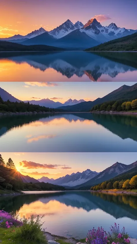 “A serene mountain lake under a clear blue sky, with the setting sun reflecting on its surface. The surrounding mountains are bathed in warm sunset hues of orange and purple. The lakeshore features tranquil nature, with trees and flowers glowing in the eve...