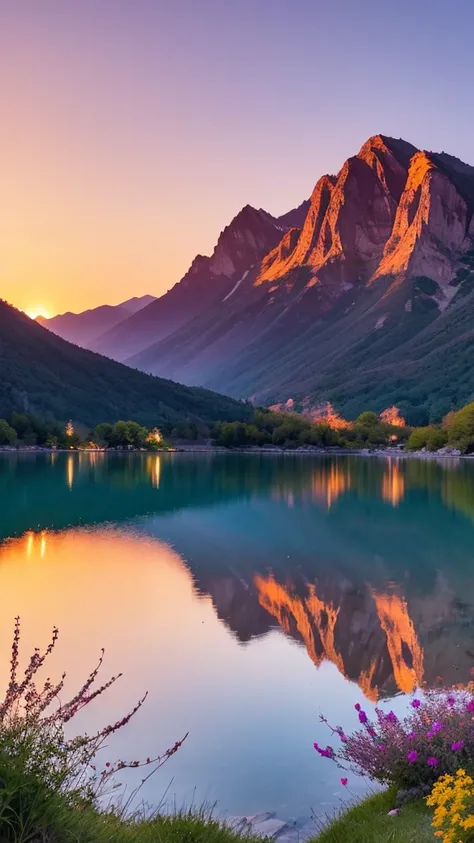 “A serene mountain lake under a clear blue sky, with the setting sun reflecting on its surface. The surrounding mountains are bathed in warm sunset hues of orange and purple. The lakeshore features tranquil nature, with trees and flowers glowing in the eve...