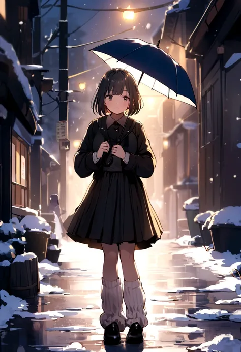 A girl in a uniform holding an umbrella in the snow、Hairstyle: Short bob、The skirt is short、Loose socks