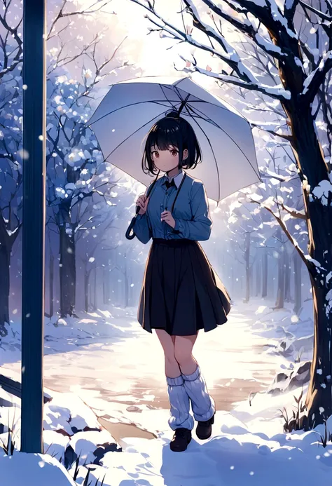 A girl in a uniform holding an umbrella in the snow、Hairstyle: Short bob、The skirt is short、Loose socks