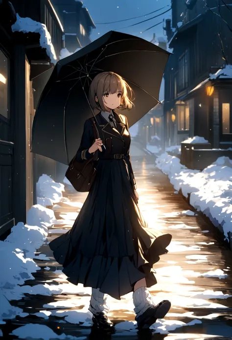 A girl in a uniform holding an umbrella in the snow、Hairstyle: Short bob、The skirt is short、Loose socks