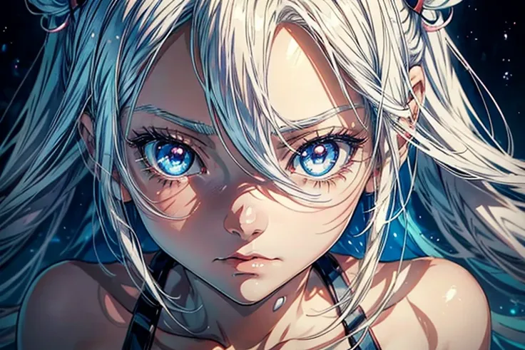 anime girl with white hair and blue eyes in a room, an anime drawing inspired by Puru, trending on pixiv, mingei, rogue anime girl ayanami rei, close up of a young anime girl, screenshot from a 2012s anime, still from tv anime, white fox anime, with huge l...