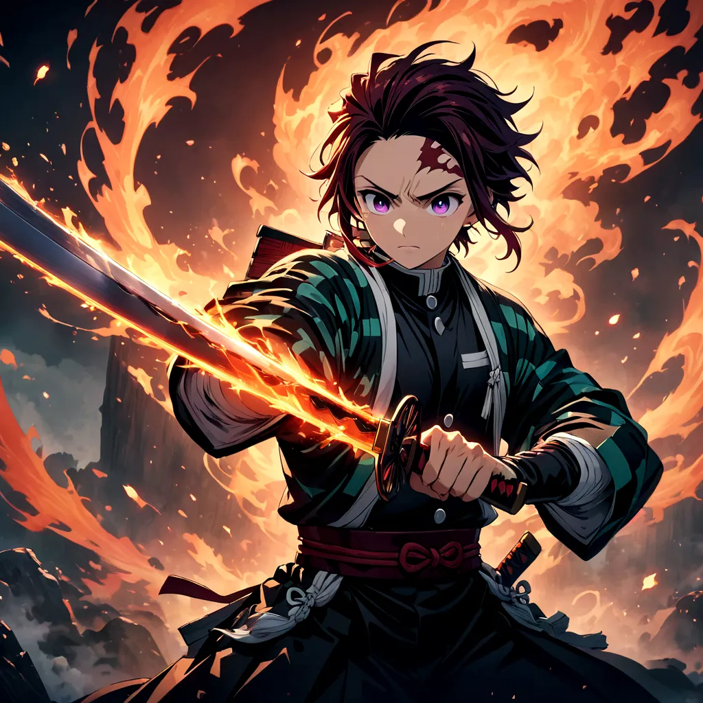 (1 male,tanjiro kamado),demon slayer,tanjiro costume,tanjiro has a sword,water and fire effects,intricate details,,decadent,artw...