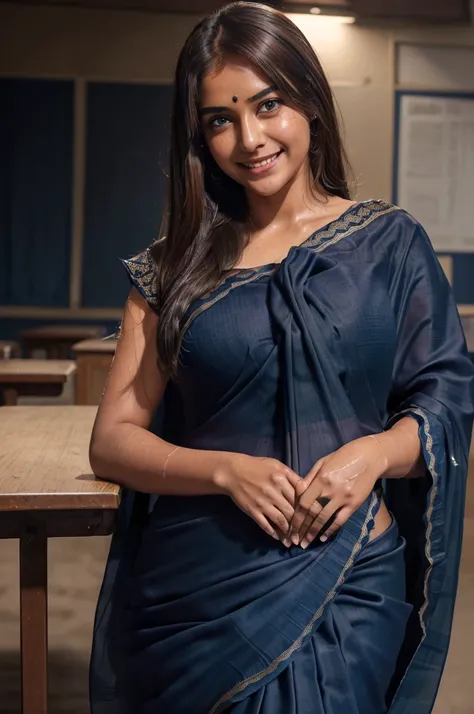 ((Indian beatiful girl:1.3)) ((dark blue saree :1.4))  ((high school)),((in the class room:1.3)) ((thin_fabric:1.4)) ((sweaty:1.5))((face is flushed:1.4))  ((close-up:1.2)) best quality,masterpiece,ultra high res,(photorealistic:1.4),raw photo,(Authentic s...