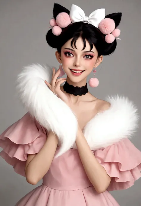 beautiful woman,detailed eyes,gorgeous makeup,pink eyeshadow,wide open smile,sharp fangs,large fluffy tail,voluminous black high bun,wispy bangs,pink fluffy pom pom earrings,high collar pink maid dress,bare shoulders,midriff exposed,multilayered lace frill...