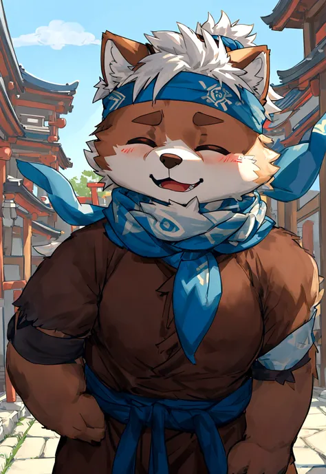 (masterpiece)，(Very detailed)，(best quality)，hairy，Shiba Inu，fur，white hair，Gray pupil，Chubby，(Shota)，(Japan samurai attire)，((blue scarf))，((Brown headband))，(blush:1.1)，((Close your eyes))，Happy expression，Temple Background，8K，(high quality)，(Ultra high ...